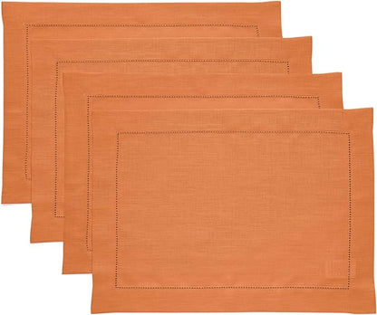 Solino Home Linen Placemats Set of 4 - Classic Hemstitch Pumpkin Placemats 14 x 19 Inch - 100% Pure Linen Table Mats for Fall, Autumn, Holiday