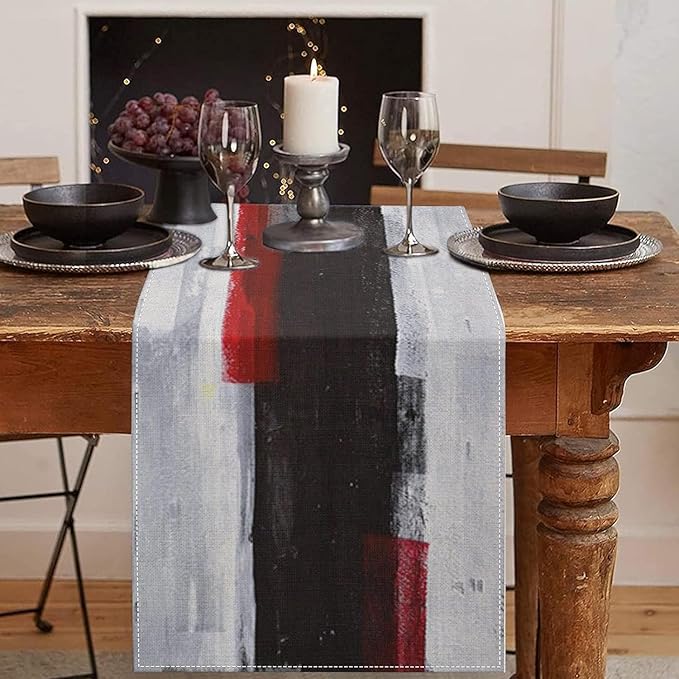 Emvency Black and White Table Runner, Modern Grey Red Art Painting for Kitchen Coffee Table Family Dinners Holiday Parties Wedding Events Decor(13x60 inch)
