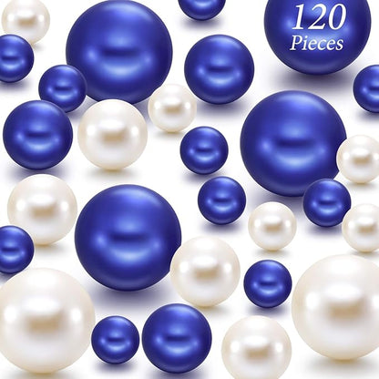 Hicarer 120 Pieces Pearl for Vase Filler Pearl Bead Vase Centerpieces Brush Holder Assorted Round Faux Bead for Crafting, Home Wedding Table Decor 14/20/30 mm (Creamy White, Royal Blue/Navy)