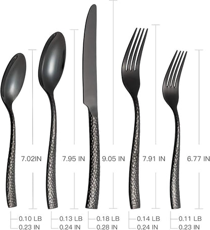 Silverware 65-Piece Black Hammered Flatware Set with Serving Utensils Stainless Steel Thick Handle Mirror Polished Cutlery Set for Wedding Hotel Restaurant, Service for 12