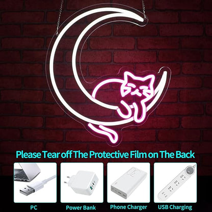 Moon Cat Neon Sign, JGHTURIE Pink Neon Signs for Wall Decor Cute Animal Light Up Sign Game Room Bar Party Led Signs for Man Cave Kids Decor USB Powered