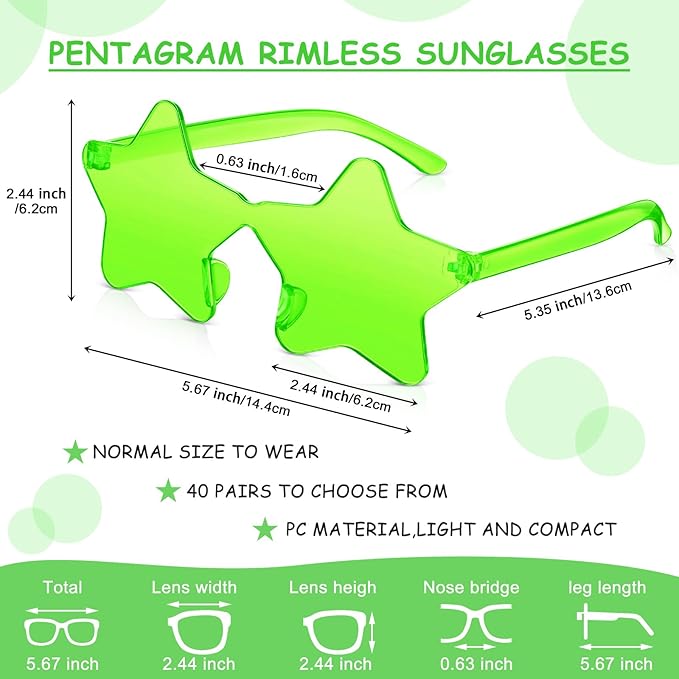 Cindeer 40 Pairs Rimless Star Shape Sunglasses Colorful Transparent Sunglasses Pentagram Glasses for Party