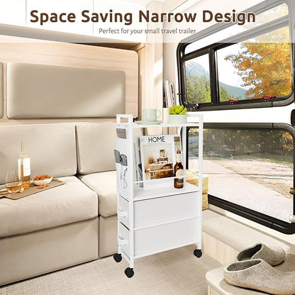 2 Drawer Small Narrow Side End Table for Small Spaces, Slim Nightstand Bedside Sofa Table with Wheels, Space Saving Skinny Thin Couch Desk with Storage Bag for Bedroom Living Room Bathroom,White