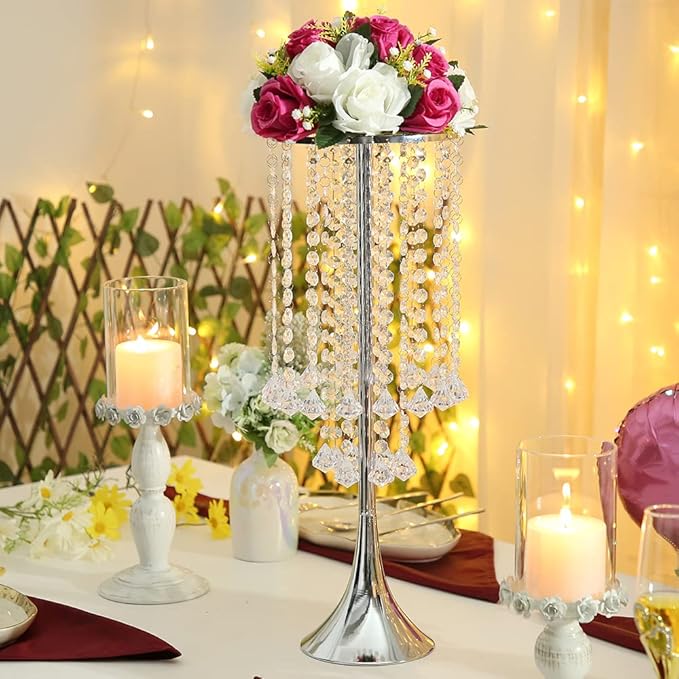 Luxurious Crystal(22.83"/58cm H) 2pcs Flower Stand Wedding Centerpieces on Floor, Tall Metal Flower Arrangement Stand, Tabletop Flower Vase for Wedding Party Dinner Event Hotel/Home Decor