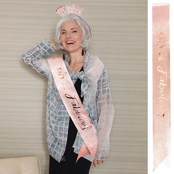 VELSCRUN 90th Birthday Queen Headband, Tiara Crown for Women, 90th Birthday Decorations for Her, Birth Queen Tiaras Crowns Sash for Women Mom Birth Party Decoration Hair Accessories Rose Gold