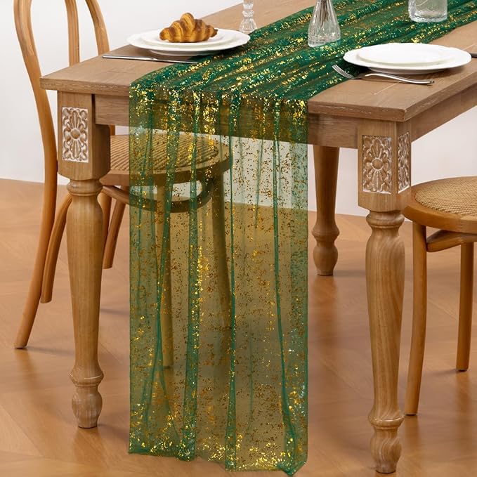 Green Gold Table Runner Sheer Gauze Cheesecloth Runner 120 Inch Glitter Wedding Anniversary Party Decor for Dining Table Home Celebration