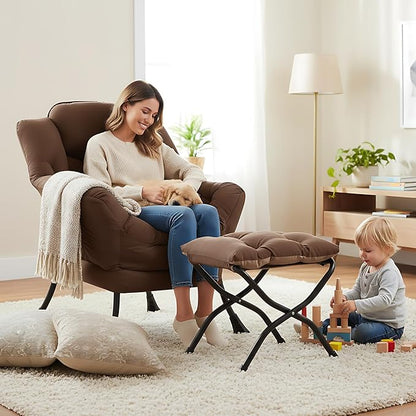 LITA Lazy Chair with Ottoman, Modern Accent Leisure Upholstered Sofa Chair, Contemporary Lounge Reading Chairs with Armrests and a Side Pocket for Living Room, Bedroom & Small Space, Dark Brown