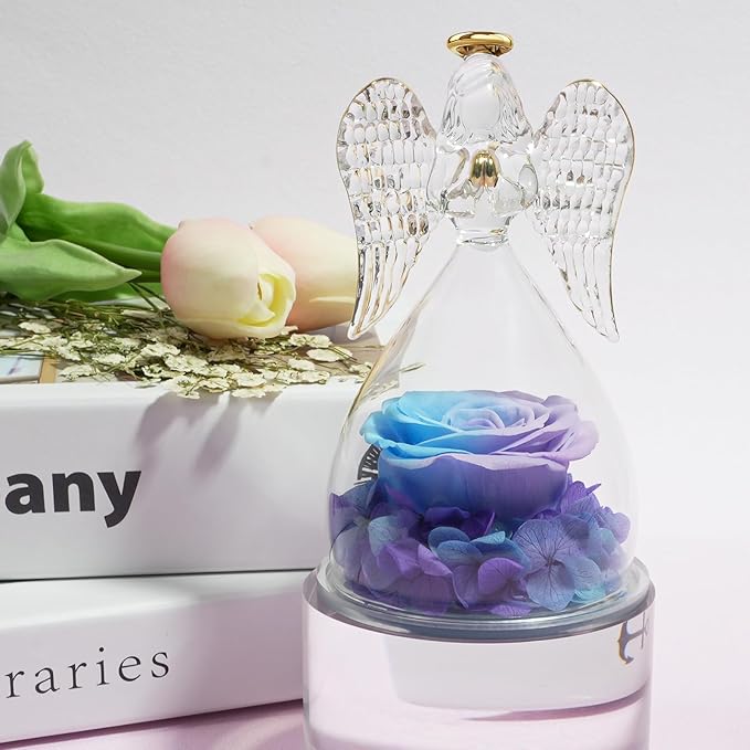 Miofula Preserved Flower Rose Birthday Gifts for Mom, Glass Angels Figurines with Forever Real Rose Gifts for Women Mom Grandma, Angels Gifts for Valentines Day Christmas Anniversary