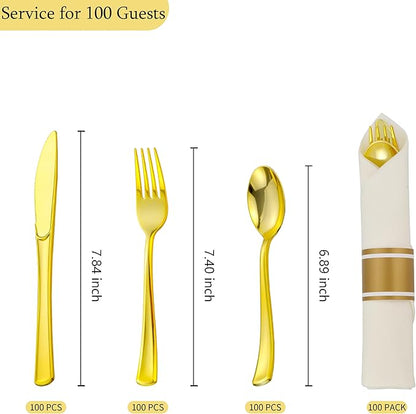100 Pack Pre Rolled Gold Plastic Silverware Set with Napkins,Disposable Wrapped Heavy Duty Cutlery Set for Wedding Birthday Party-100 Forks,Knives,Spoons,Utensils Set,Plasticware Bulk