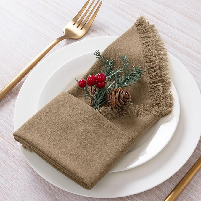12 Pack Nude Cotton Linen Napkins with Fringe Christmas Cloth Napkins Set of 12 Boho Handmade Holiday Napkins Bulk for Wedding Baby Shower Xmas Dinner Table Parties, 17 x 17 Inches