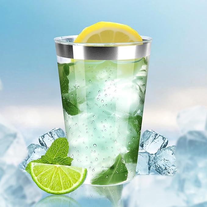 200 Pack 12oz Silver Plastic Cups with Rimmed Edges - Disposable, Recyclable, BPA Free, Food Safe, Modern Style, Perfect for Parties, Weddings, Birthdays, Festivals, 12oz Capacity Each