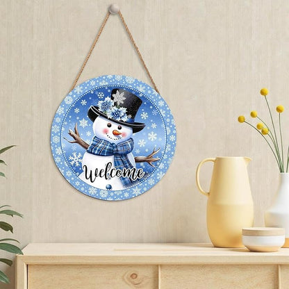 Welcome Winter Snowman Blue Sign for Front Door Christmas Snowflake Wood Door Hanger 12"x12" Holiday Welcome Decorations Rustic Wreath Wall Hanging Decorative for Home Wall Porch Yard Garden