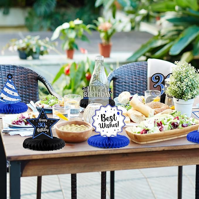 Happy 30th Birthday Decorations,30th Bday Blue Glitter Shiny Stand Honeycomb Table Centerpieces - Cheers to Thirty Years Old Birthday Party Photoprop Gift Sign.