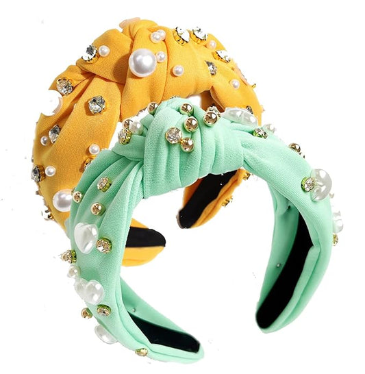 JILIYUPA Pearl Rhinestone Tweed Headband, Green and Yellow, Sparkle Luxury Vintage Embellished Hairband for Women and Girls, 2 Count