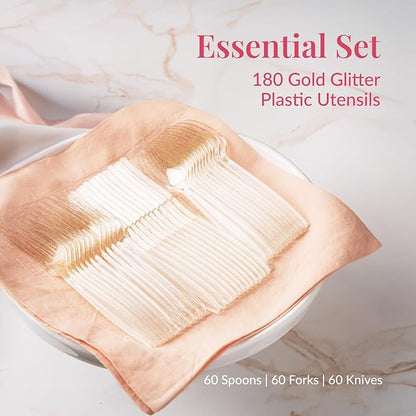 Prestee 180-Piece Gold Plastic Silverware Set - Durable Plasticware Includes 60 Forks, 60 Knives, 60 Spoons - Fancy, Disposable Plastic Utensils and Flatware for Weddings, Parties, and Holidays