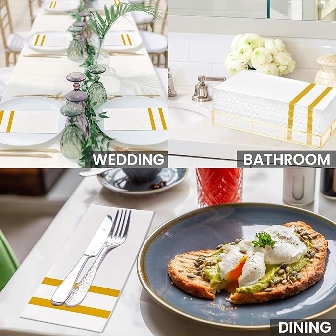 100 Pack Napkins Disposable Guest Towels Linen-Feel Decorative Napkins Soft and Absorbent Dinner Paper Hand Towels for Bathroom Party Powder Room Hotel Fancy Restaurant (100, Gold Line)