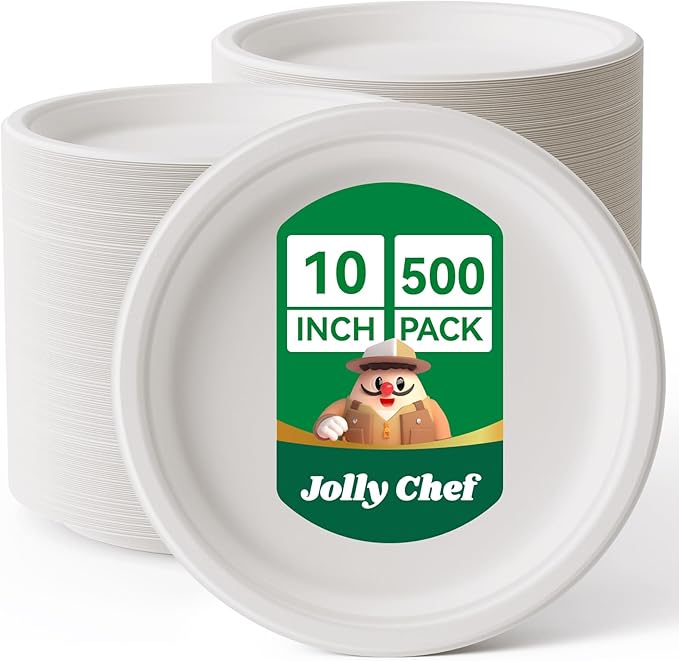 JOLLY CHEF Compostable Heavy Duty Plates 𝟭𝟬 𝗜𝗻𝗰𝗵 [𝟱𝟬𝟬 𝗣𝗮𝗰𝗸] Eco-Friendly Disposable White Paper Plates Made of Bagasse Biodegradable Bulk for Party Dinner Sugarcane Lunch Christmas