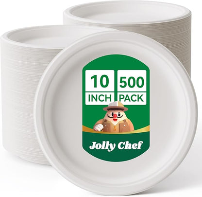 JOLLY CHEF Compostable Heavy Duty Plates 𝟭𝟬 𝗜𝗻𝗰𝗵 [𝟱𝟬𝟬 𝗣𝗮𝗰𝗸] Eco-Friendly Disposable White Paper Plates Made of Bagasse Biodegradable Bulk for Party Dinner Sugarcane Lunch Christmas