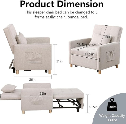 Convertible Sleeper Chair,Pull-Out Sofa Bed with Adjustable Backrest, Multi-Functional Lounge Chair for Living Room, Space-Saving Modern Accent Furniture (Beige)