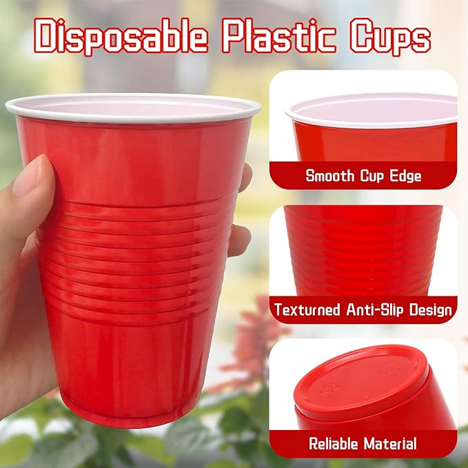 200 Count Plastic Cups Disposable - 16 oz Red Cups for Party Birthday Picnics Christmas Party
