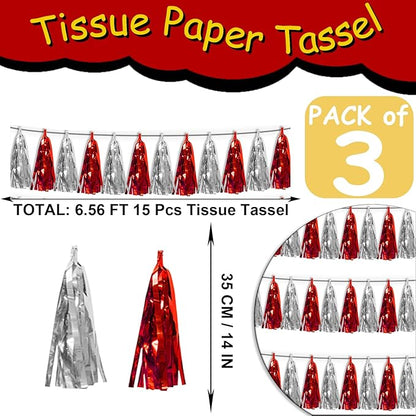 3P Red Silver Tassel Banner Garland Metallic Foil Fringe Banner Tinsel Tassels Streamer Banner Backdrop for Parade Floats, 2025 Graduation Decorations, Father's Day, Wedding Party Decoration