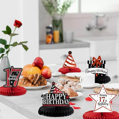 Happy 17th Birthday Decorations,17th Birthday Red Glitter Shiny Stand Honeycomb Table Centerpieces - Cheers to Seventeen Years Old Birthday Party Photoprop Gift Sign.