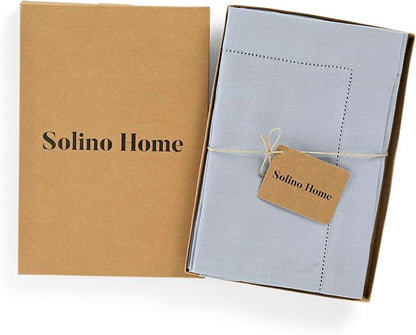 Solino Home Dusty Blue Linen Napkins Set of 4-100% Pure Linen Hemstitch Dinner Napkins 20 x 20 Inch for Fall, Autumn - Classic Hemstitch