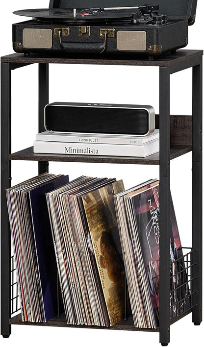 LELELINKY Walnut Oak 18" Wide End Table,3 Tier Large Record Player Stand with Storage Up to 130 Albums,Modern Turntable Stand, Records Vinyl Shelf for Living Room, Bedroom, Printer Desk for Home Office