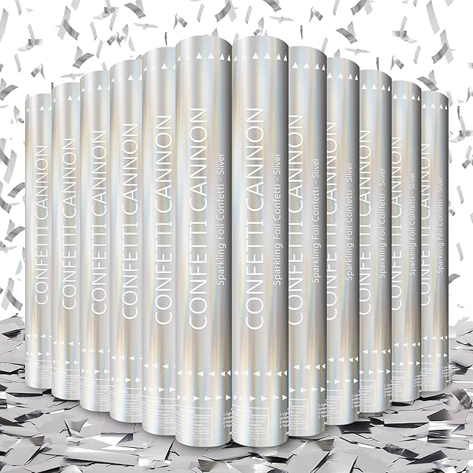 Confetti Cannon 12 Pack Silver Confetti Poppers 12 Inch Streamer Cannon Foil Party Poppers Confetti Shooters Silver Mylar Popper Cannon Bulk for Wedding,Birthday,Graduations New Year Celebration