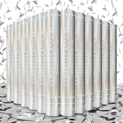 Confetti Cannon 12 Pack Silver Confetti Poppers 12 Inch Streamer Cannon Foil Party Poppers Confetti Shooters Silver Mylar Popper Cannon Bulk for Wedding,Birthday,Graduations New Year Celebration
