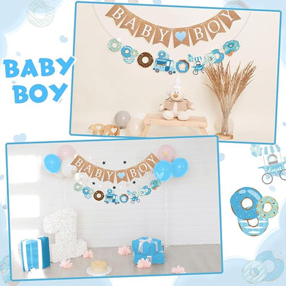 2 Pcs Baby Boy Shower Decorations Pre-Strung Baby Boy Burlap Banner and Donut Toy Banner for Gender Reveal Birthday Party Decorations