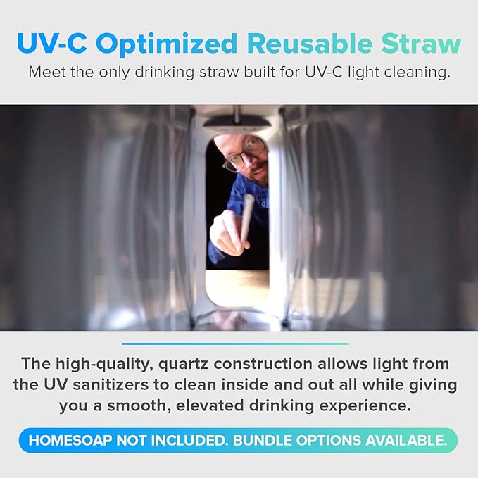 PhoneSoap Last Straw 12" Long Reusable Drinking Straws for Cold & Hot Drinks - Clear Quartz, Dishwasher Safe, Easy to Clean - 5 Pack With Cleaning Brush