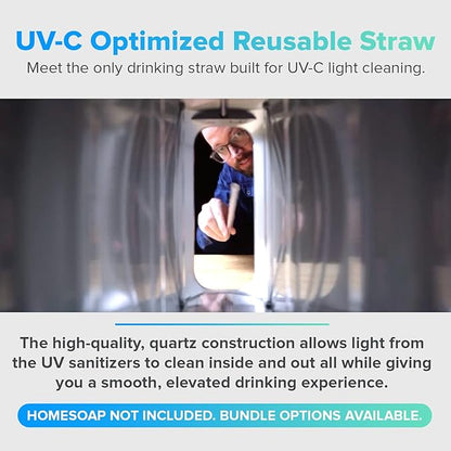 PhoneSoap Last Straw 12" Long Reusable Drinking Straws for Cold & Hot Drinks - Clear Quartz, Dishwasher Safe, Easy to Clean - 5 Pack With Cleaning Brush