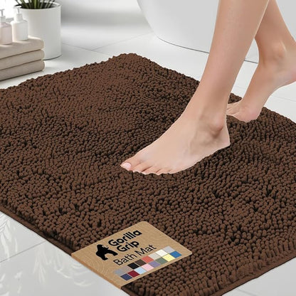 GORILLA GRIP Bath Rug Mat 60x24, Thick Soft Absorbent Chenille, Quick Dry Microfiber Mats, Rubber Backing Washable Shower Floor Rugs, Bathmat Runner, US Designed Bathroom Home Decor Accessories Brown