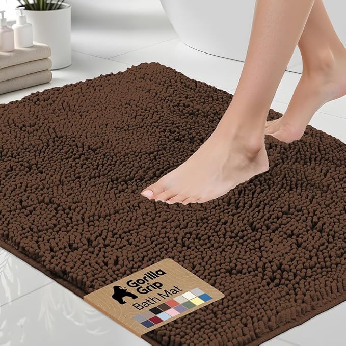 GORILLA GRIP Bath Rug Mat 44x26, Thick Soft Absorbent Chenille, Quick Dry Microfiber Mats, Rubber Backing Washable Shower Floor Rugs, Bathmat Runner, US Designed Bathroom Home Decor Accessories Brown