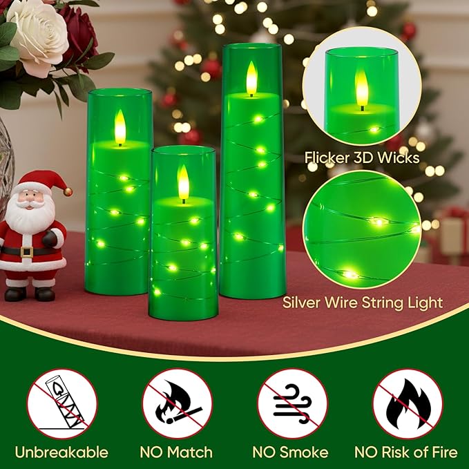 Raycare Flameless Candle with Remote Timer – 9 Flickering Acrylic Battery Operated LED Pillar Candles with Embedded Star String for Christmas, Home Decor, and as a Gift(Green)