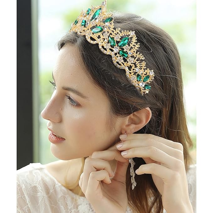 Green Tiara for Women Gold Crown for Girls Wedding Princess Birthday Crystal Rhinestones Headbands for Prom Bridal Party Halloween Costume Christmas Gift