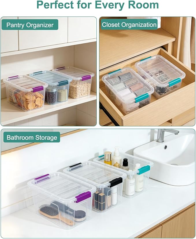 Clear Storage Bins with Lids 6 Pack, 7 Qt Stackable Storage Containers with Buckle Lock, Durable Plastic Containers & Storage Box Organizer for Pantry, Bathroom, Closet & Office Use