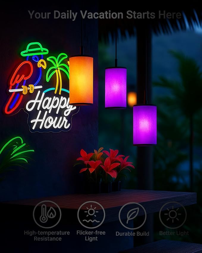 Happy Hour Dimmable Neon Sign 15.7”×12.6” with Parrot, Palm Tree & Sun, Tropical LED Wall Light for Tiki Bar, Home Bar, Beach Party Decor, USB Powered