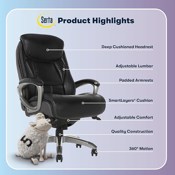 Serta Lautner Executive Home Office Desk Chair, Ergonomic High-Back with Adjustable Lumbar & Body Pillows, SmartLayers and ComfortCoils Technology, Mesh and Bonded Leather, Black/ Gray