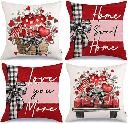 GEEORY Valentine's Day Love You More Home Sweet Home Throw Pillow Covers 18x18 Inch Set of 4, Eucalyptus Hearts Truck Stripes Decorative Farmhouse Wedding Cushion Case for Home Decoration G653-18