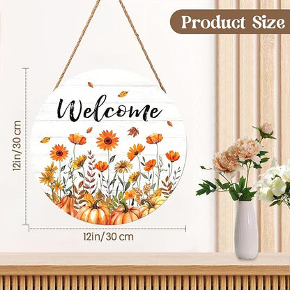 Fall Welcome Sign for Front Door Fall Floral Wooden Door Hanger 12x12 Inch Autumn Wreath for Outdoor Outside Porch Decor Farmhouse Flowers Welcome Hanging Sign for Home Wall Greeting Party