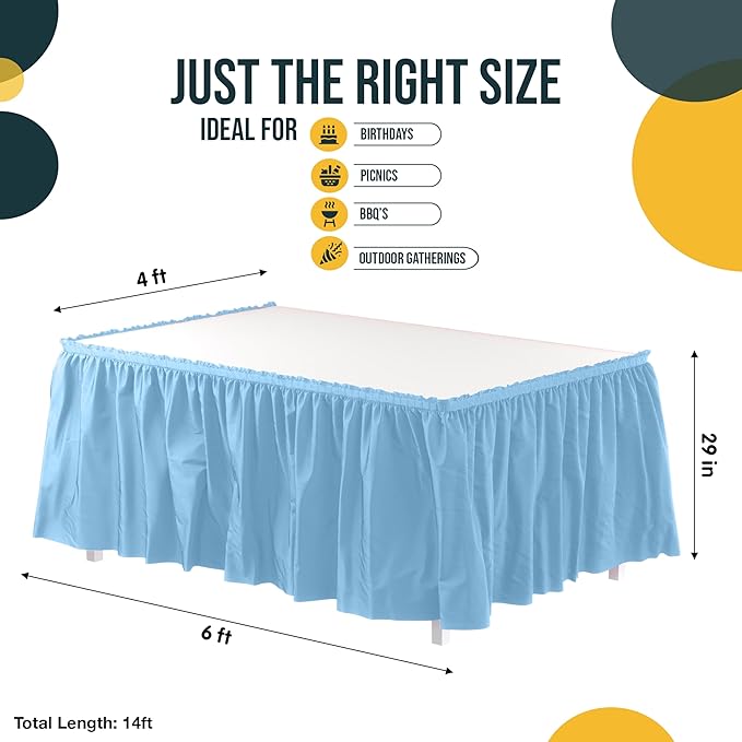 Exquisite Ruffle Table Skirt Light Blue 12 Pack 14 Ft Long Table Skirts for Rectangle Tables 6ft Plus or Round Tables Skirts with Adhesive Strip for Gender Reveal Decor & Happy Birthday Parties