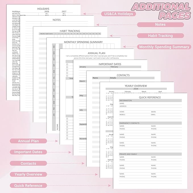 Daily Planner 2026 (8.5" x 11") - Weekly & Monthly Planner (Jan. 2026 - Dec. 2026), Column View Calendar Organizers, Hardcover Agenda Book with Tabs for Office & School, Pink