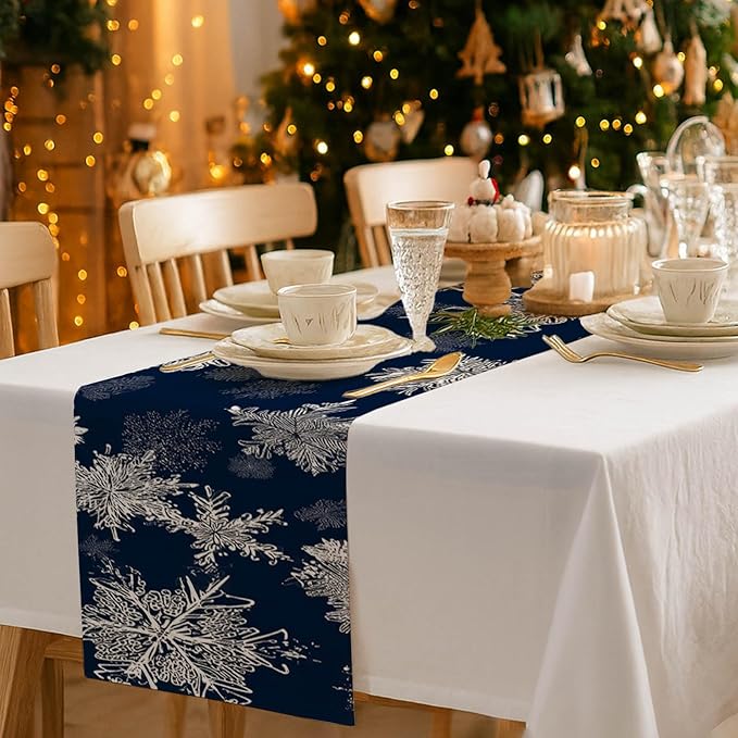Blue Snowflake Table Runner 13x72 Inch Winter Table Runner Burlap Winter Holiday Dining Tables Decoration with White Snow Patterns Christmas Tablecloth for Kitchen Dining Home Party Decor