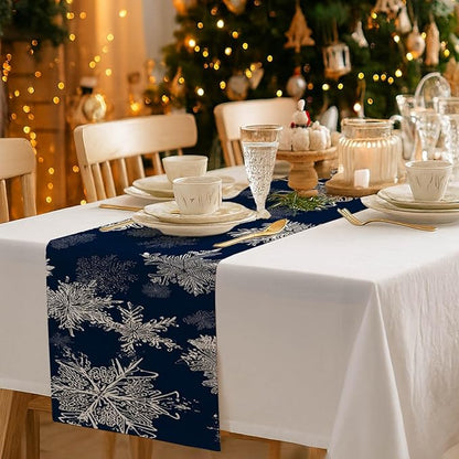 Blue Snowflake Table Runner 13x72 Inch Winter Table Runner Burlap Winter Holiday Dining Tables Decoration with White Snow Patterns Christmas Tablecloth for Kitchen Dining Home Party Decor