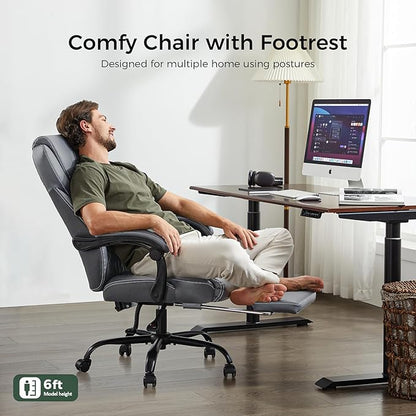 Office Chair, Big and Tall Office Chair with Foot Rest Ergonomic Chair Home Office Desk Chairs Reclining High Back Leather Chair with Lumbar Support(Gray)