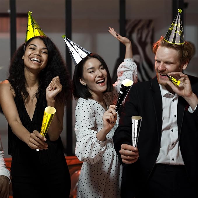 60PCS New Years Eve Party Favors, 30 People New Years Party Hats, Happy Eve Accessories Gold Silver Black, Cardboard Cone Hat Top Party Horn Blowers Tiara Supplies Decorations