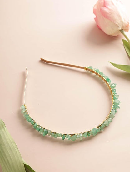 MINACHI Green Aventurine Hairband – Handmade Boho Bridal Accessories with Gold-tone Wire Wrap for Women