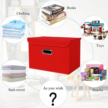 STOREONE Fabric Storage Cube Bins Foldable Organizer Container Collapsible Basket with Lids and Metal Handles, for Home, Bedroom, Closet 3 Pcs (Red)